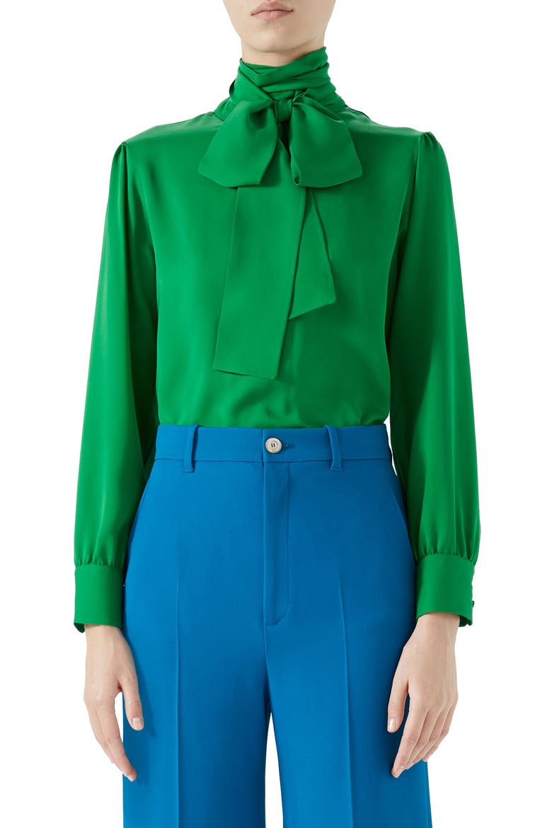 Silk Tie Neck Blouse, Main, color, TROPICAL GREEN