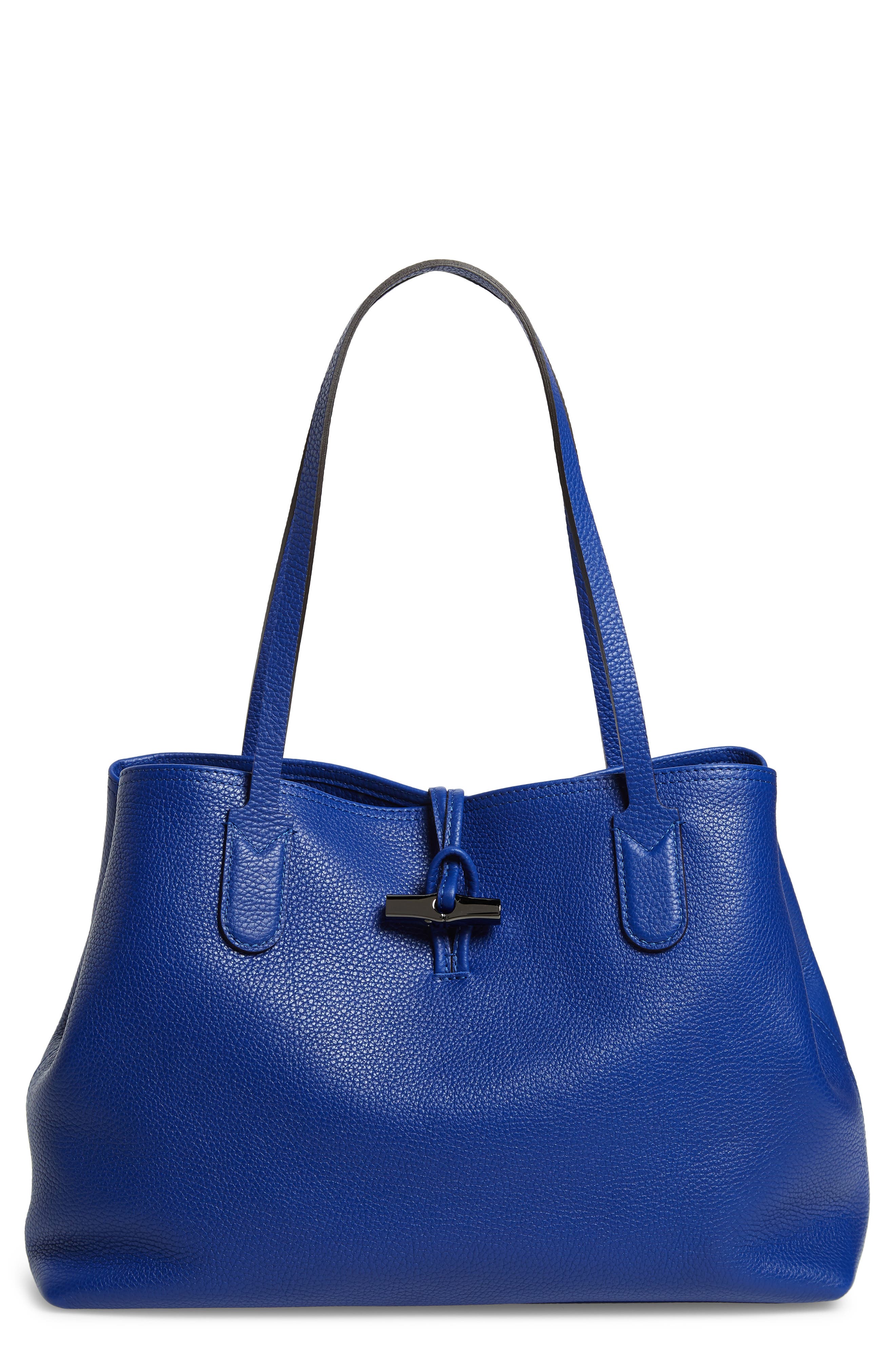 Roseau Essential Mid Leather Tote, Main, color, COBALT