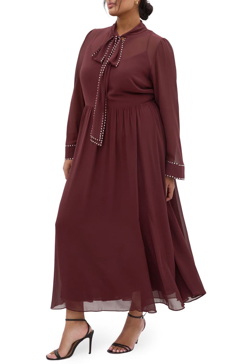 City Chic Kara Long Sleeve A-Line Dress, Main, color, Chocolate Cherry