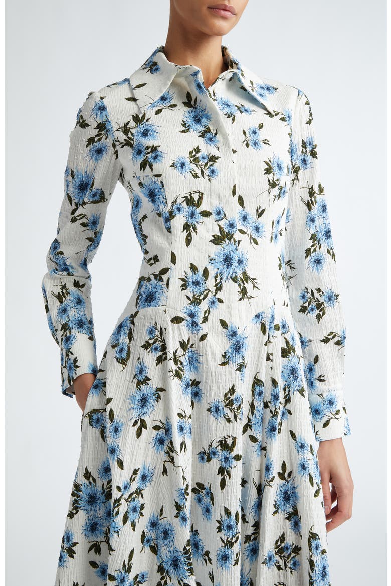 Jancine Dahlia Print Clip Dot Long Sleeve Seersucker Dress, Alternate, color, SMALL DAHLIA BABY BLUE