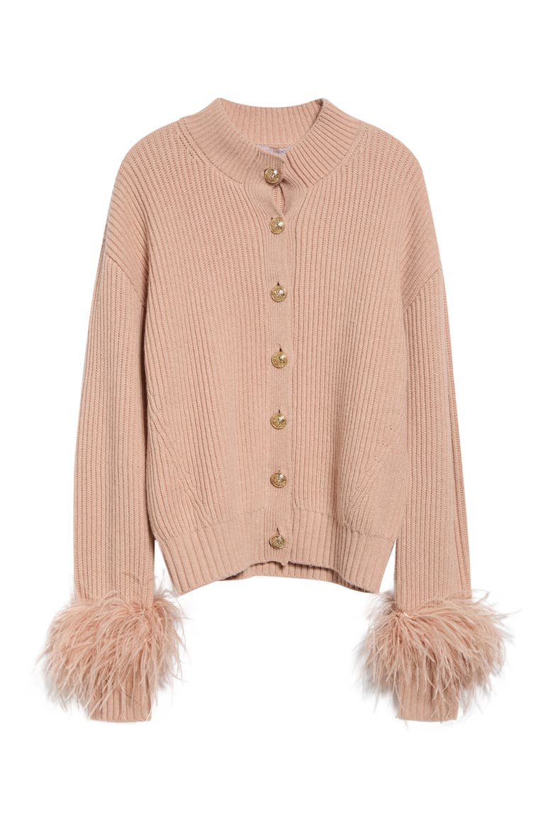 Laura Ostrich Feather Cuff Cardigan, Alternate, color, BLUSH