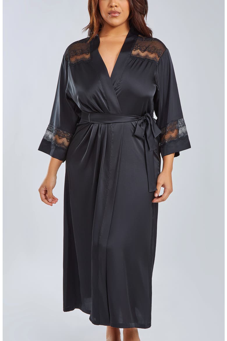 Lace Trim Satin Long Robe, Main, color, Black