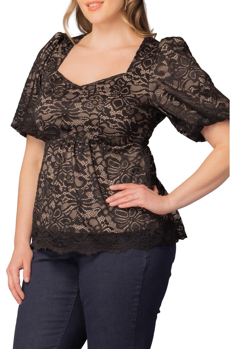 Winsome Puff Sleeve Lace Top, Alternate, color, BLACK/ NUDE
