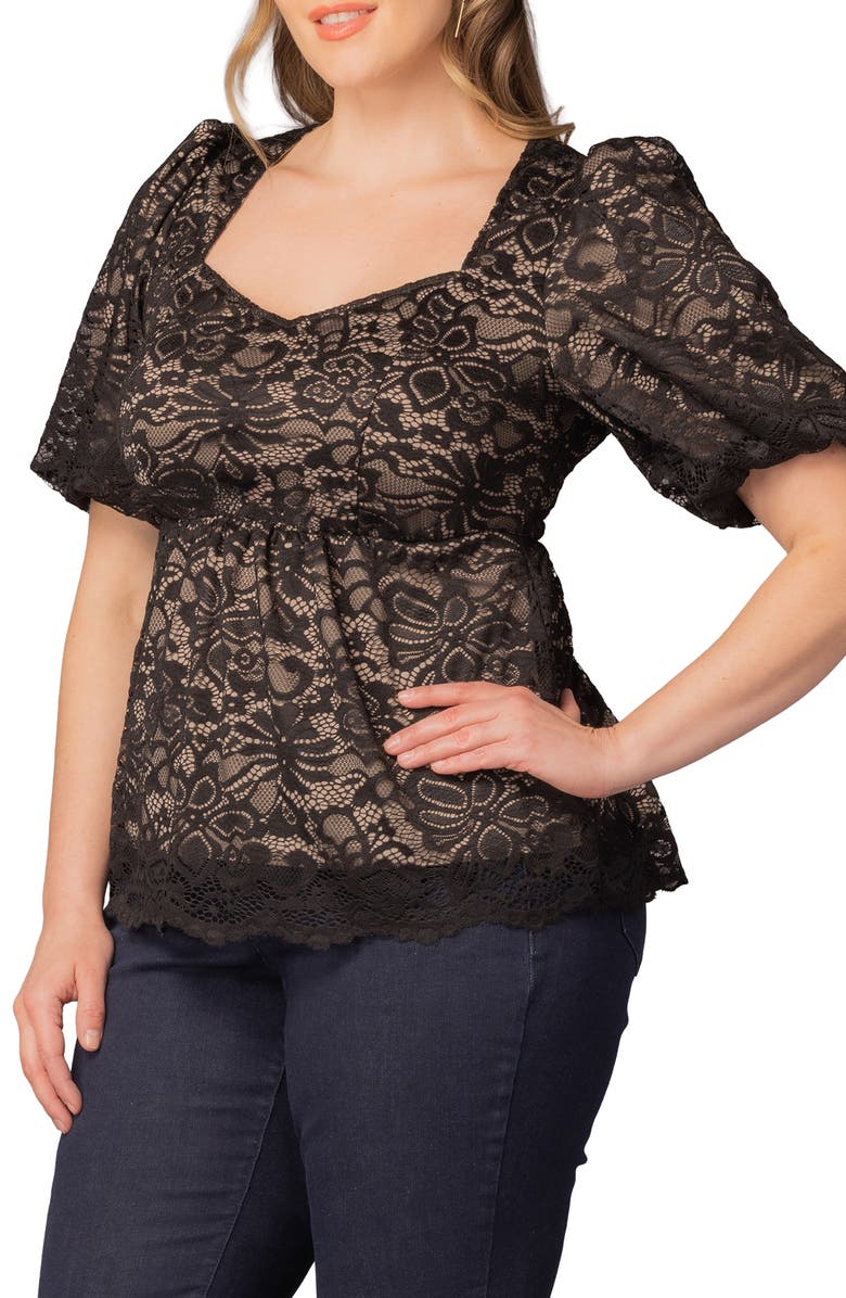 Kiyonna Winsome Puff Sleeve Lace Top, Alternate, color, Black/ Nude