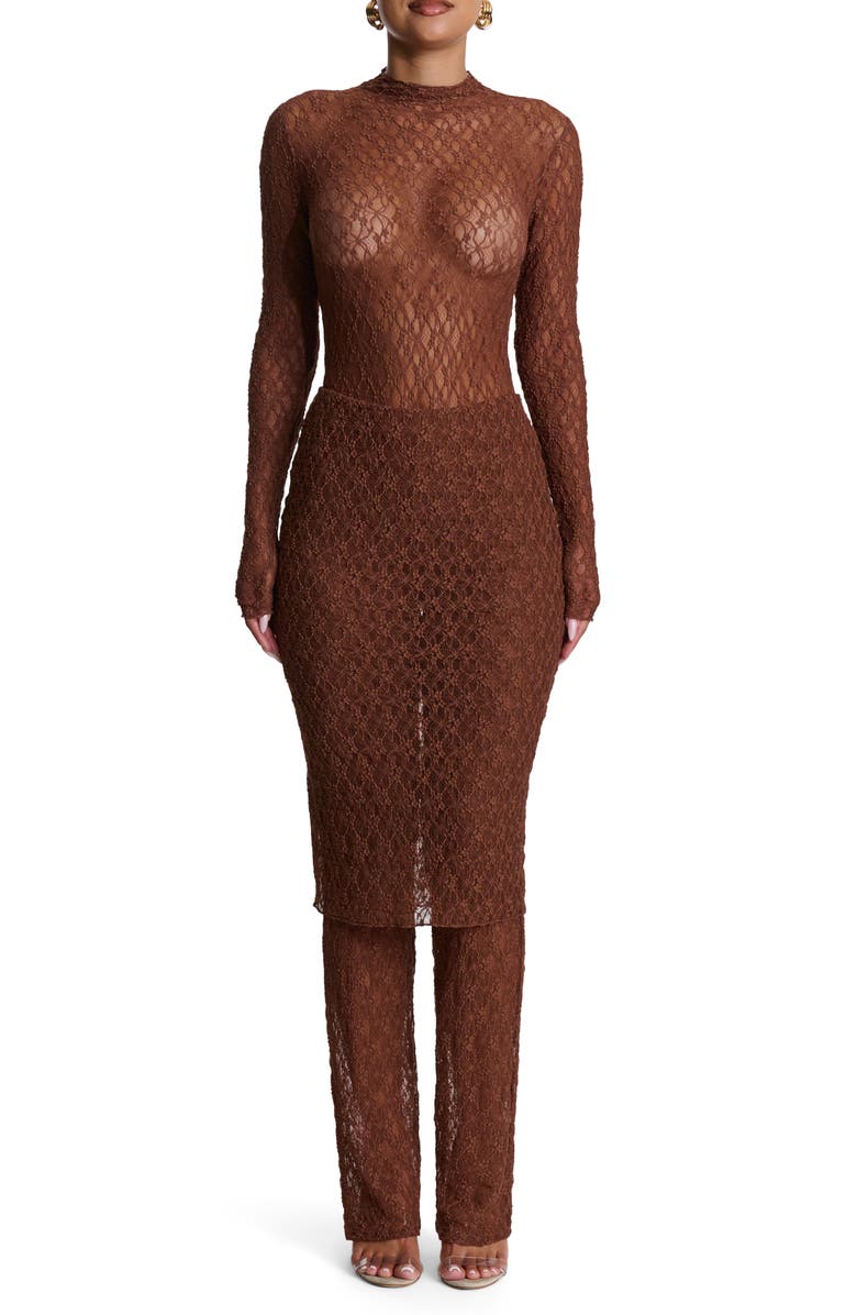 Naked Wardrobe Stretch Lace Skirted Pants, Alternate, color, Brown Sugar