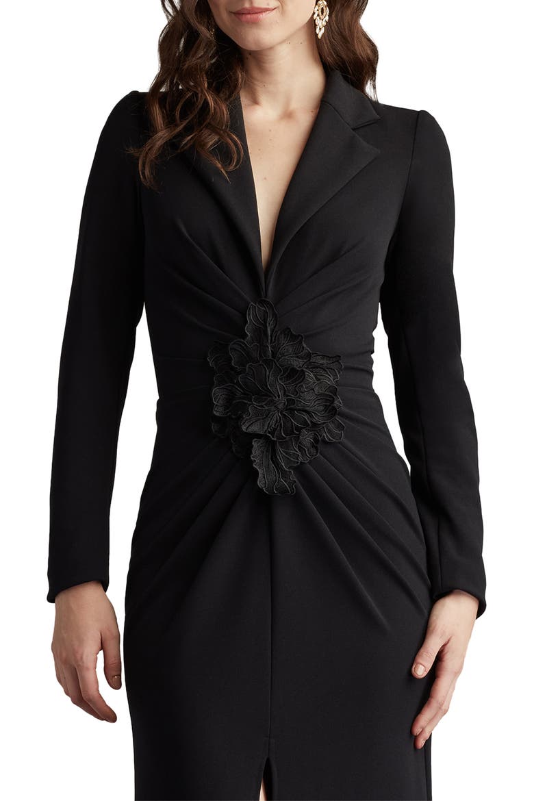Embroidered Crepe Flower Long Sleeve Body-Con Gown, Alternate, color, BLACK