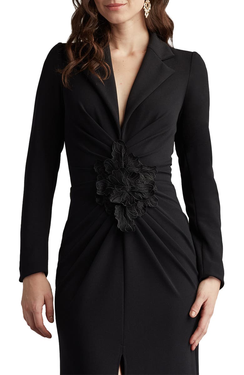 Tadashi Shoji Embroidered Crepe Flower Long Sleeve Body-Con Gown, Alternate, color, Black