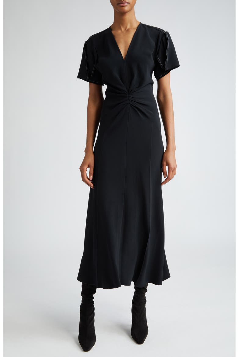 Ruched Waist Midi Dress, Main, color, BLACK