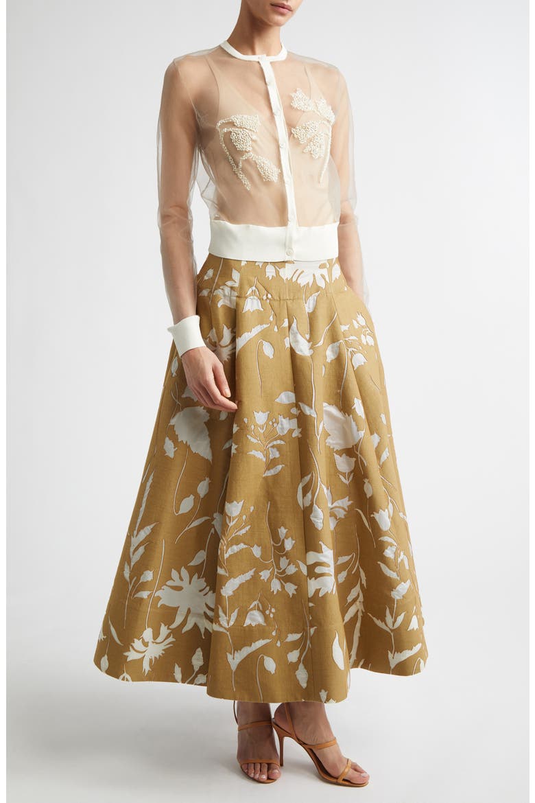 Floral Cotton Blend Jacquard Skirt, Alternate, color, CAMEL