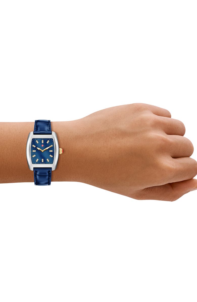 MICHELE Urban Mini Diamond Croc Embossed Leather Strap Watch, 29mm, Alternate, color, Silver/Blue