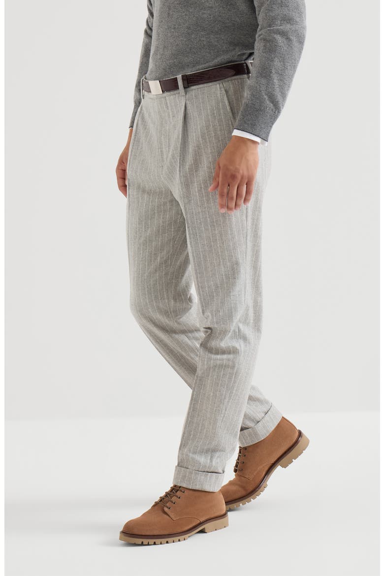 Virgin wool and cashmere chalk stripe flannel trousers with pleat, Main, color, Light Grey