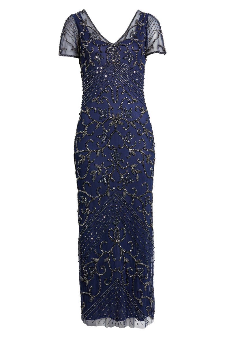 Beaded Mesh Column Gown, Alternate, color, SAPPHIRE 430