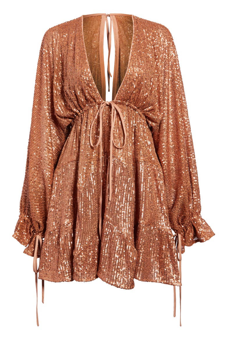 Sequin Long Sleeve Babydoll Minidress, Alternate, color, GOLD