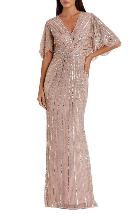 Sequined V Neck Cape Sleeve Column Gown