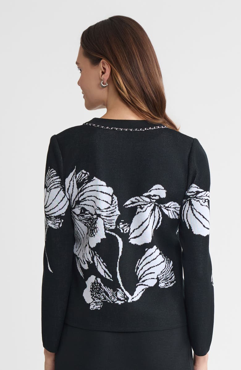 Ming Wang Heritage Chain Trim Floral Jacquard Knit Cardigan, Alternate, color, Black/White