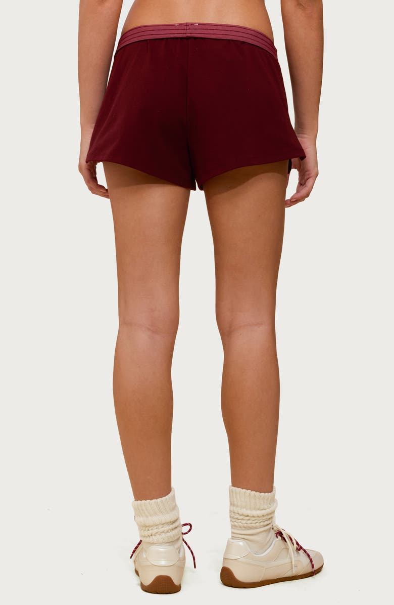 EDIKTED Noemi Stripe Foldover Shorts, Alternate, color, Burgundy