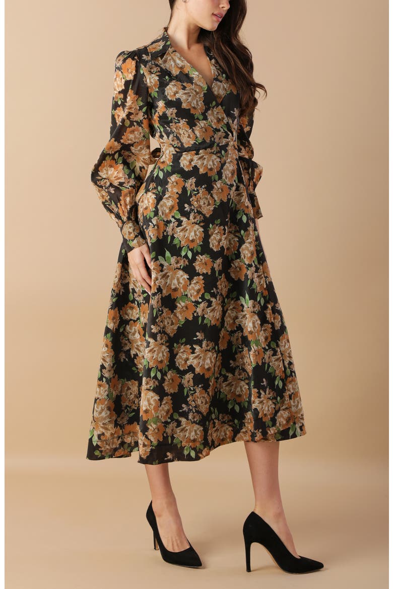 Floral Print Long Sleeve Midi Wrap Dress, Alternate, color, BLACK