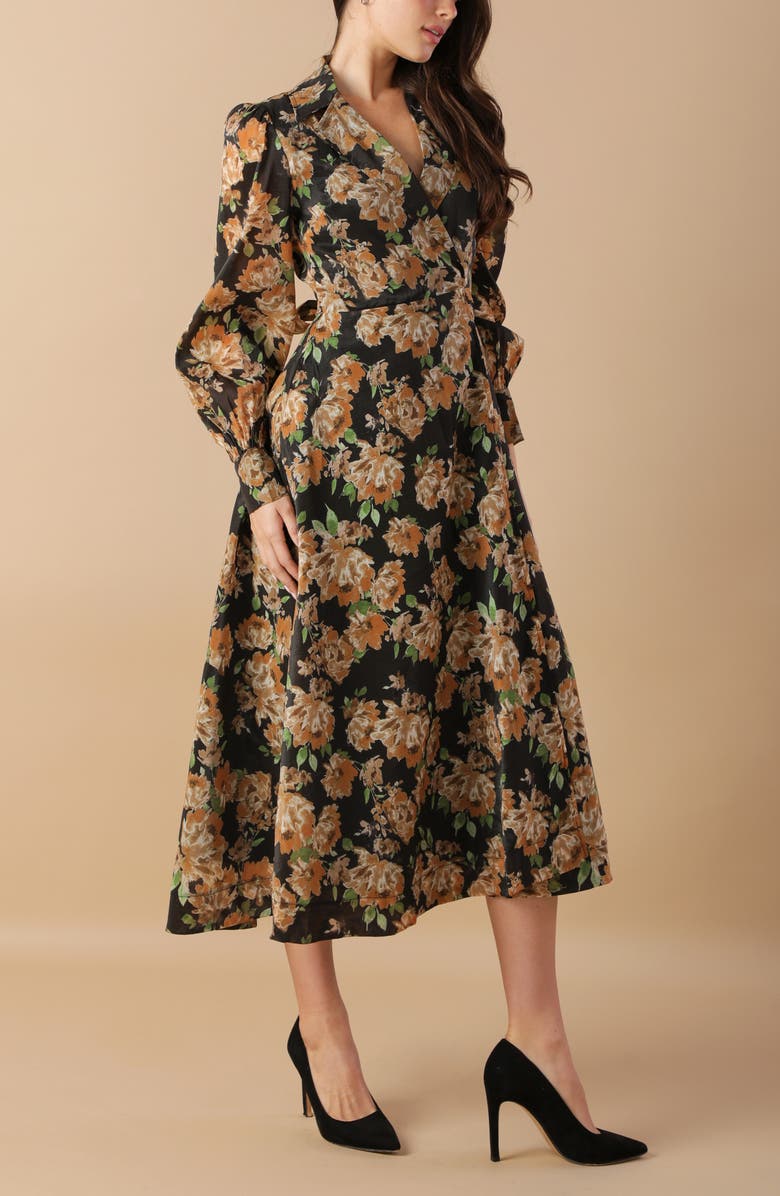 FLYING TOMATO Floral Print Long Sleeve Midi Wrap Dress, Alternate, color, Black
