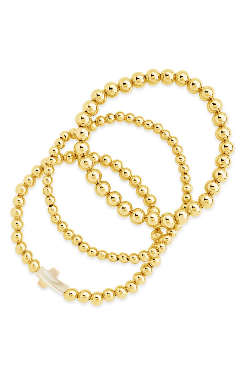 Sterling Forever Set of 3 Arden Mother-of-Pearl Cross Beaded Bracelets, Main, color, Gold