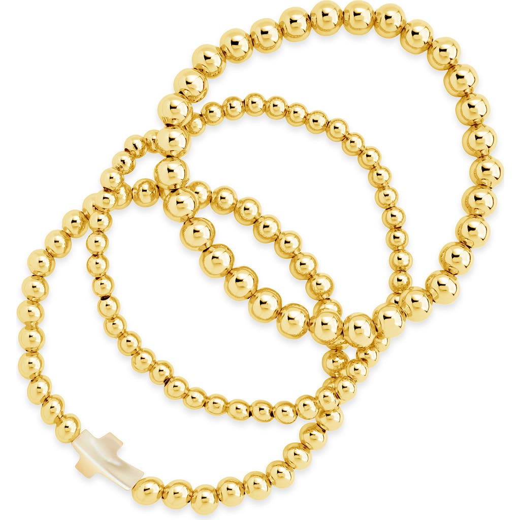 Sterling Forever Set Of 3 Arden Mother-of-pearl Cross Beaded Bracelets In Gold