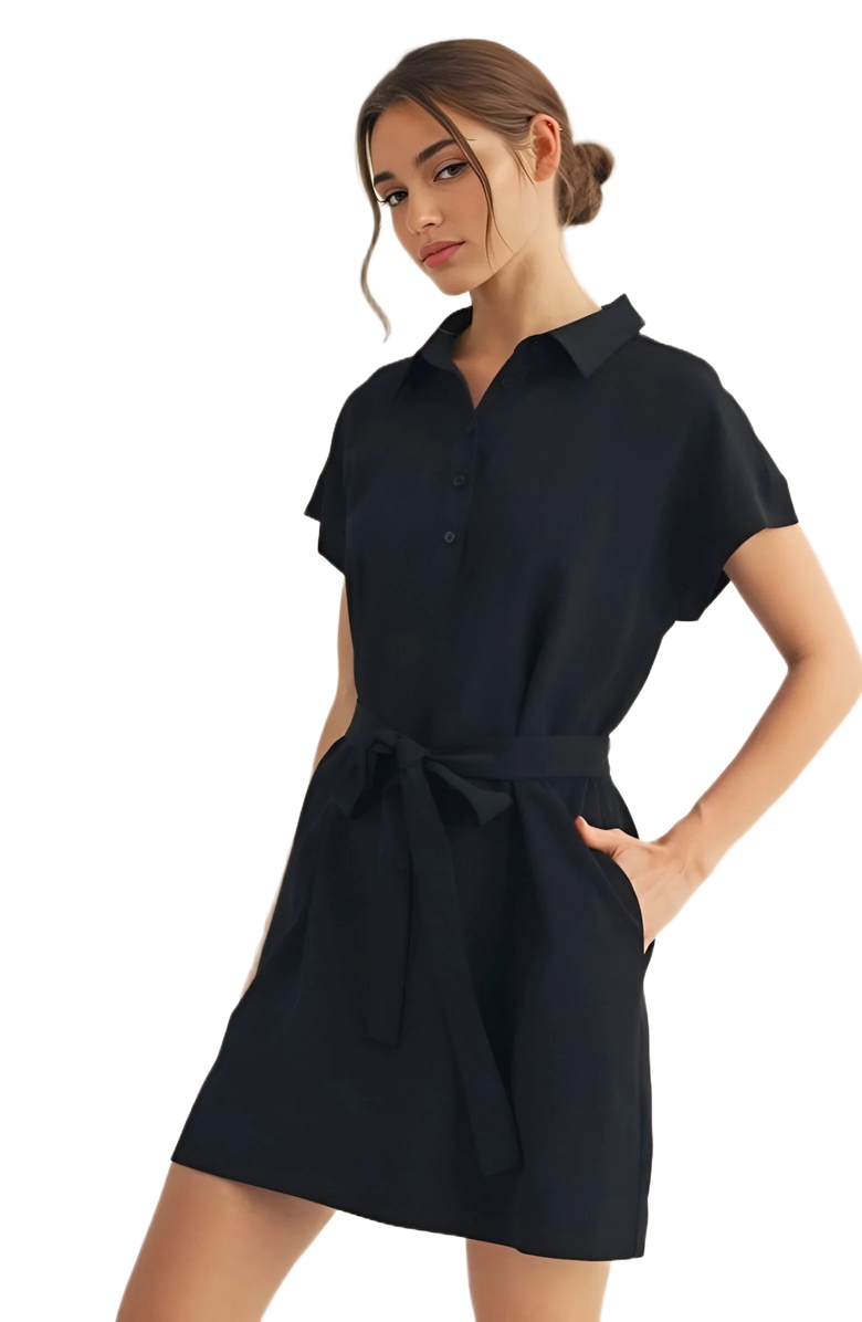 Knit and Lounge Collared Short Sleeve Mini Dress with Waist Tie, Alternate, color, 