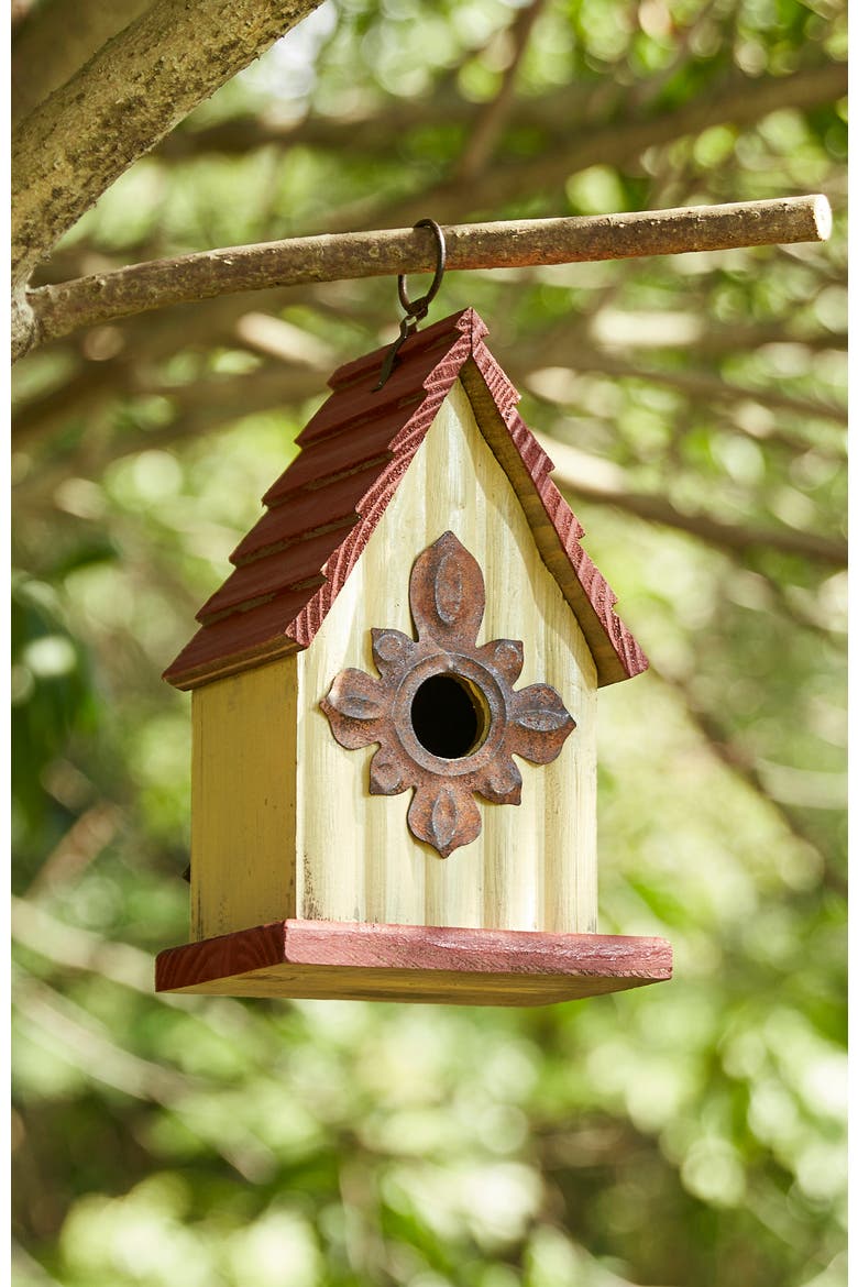 Distressed Solid Wood Decorative Outdoor Garden Birdhouse with 3D Flower or Maple, Alternate, color, Red