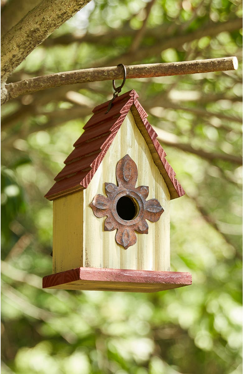 Glitzhome Distressed Solid Wood Decorative Outdoor Garden Birdhouse with 3D Flower or Maple, Alternate, color, Red