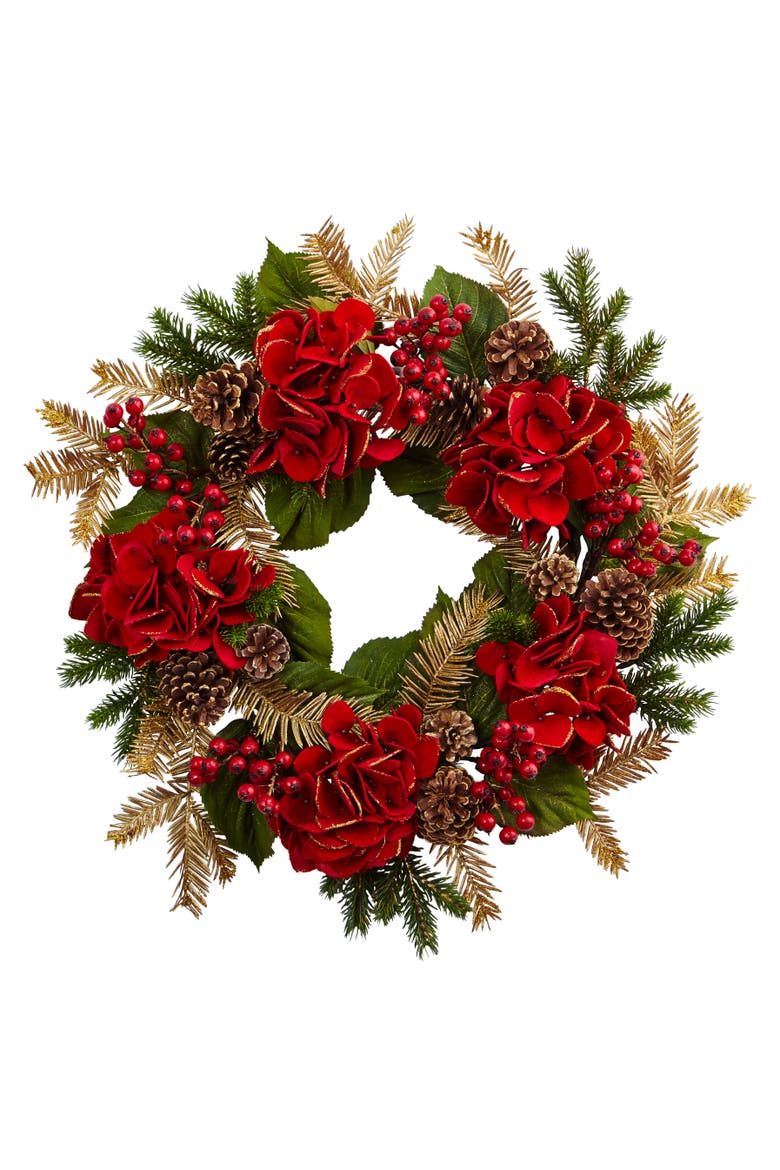 24-in Hydrangea Pine Wreath, Main, color, Red