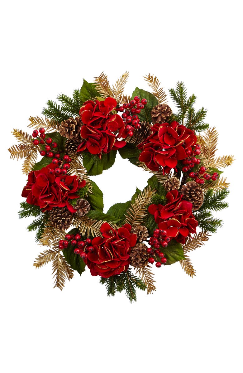 NEARLY NATURAL 24-in Hydrangea Pine Wreath, Main, color, Red