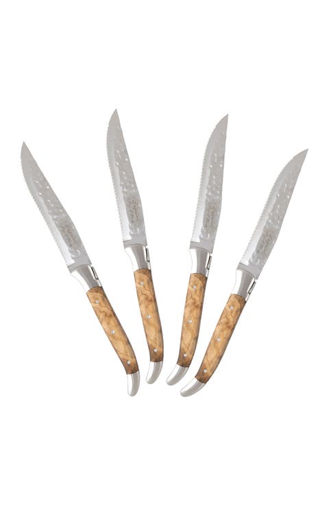 Laguiole Connoisseur Olivewood Handle BBQ Steak Knives, Set of 4 - Olive Wood