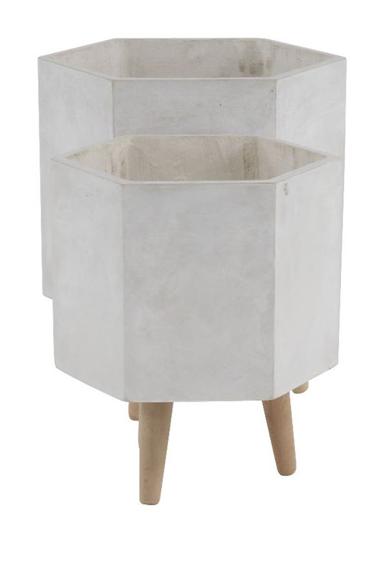 White Magnesium Oxide Contemporary Planter with Wood Legs - Set of 2, Alternate, color, WHITE