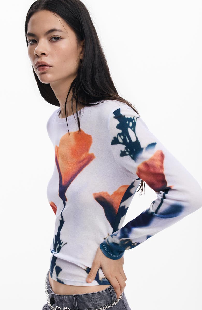 Desigual Print Long Sleeve Cotton T-Shirt, Alternate, color, White