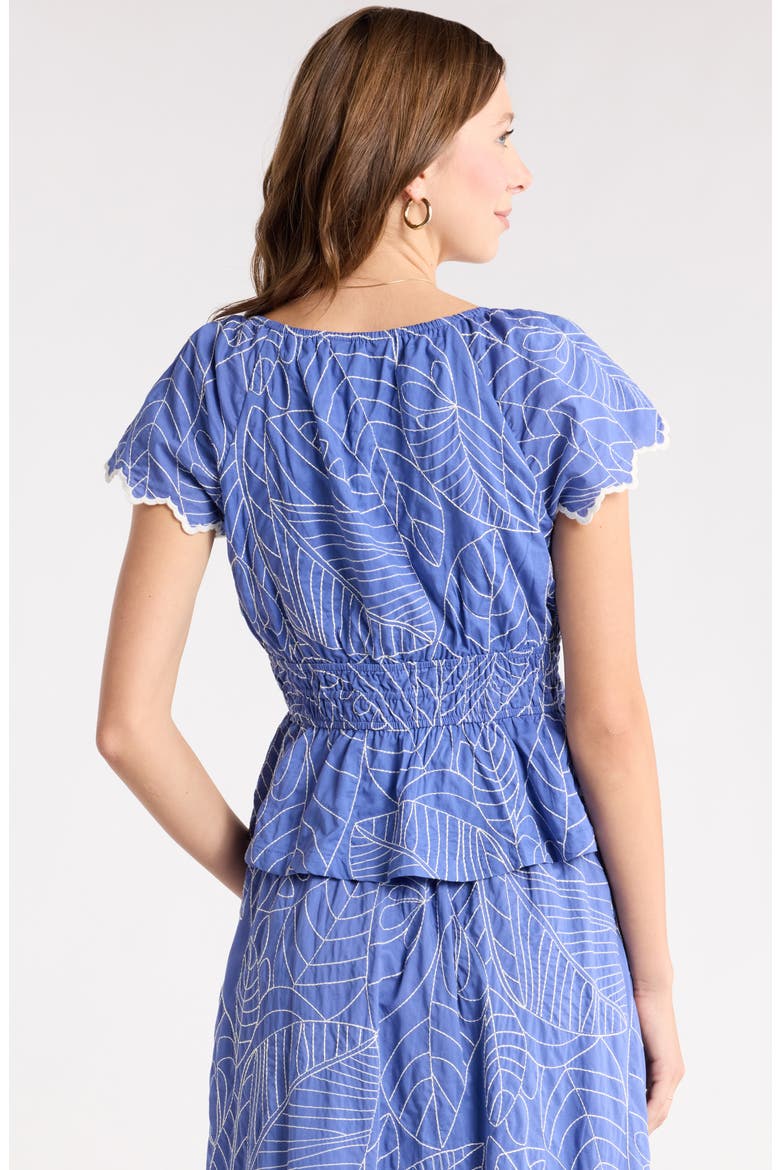 Short Sleeve Smocked Waist Top, Alternate, color, BLUE-WHITE LEAF EMBR