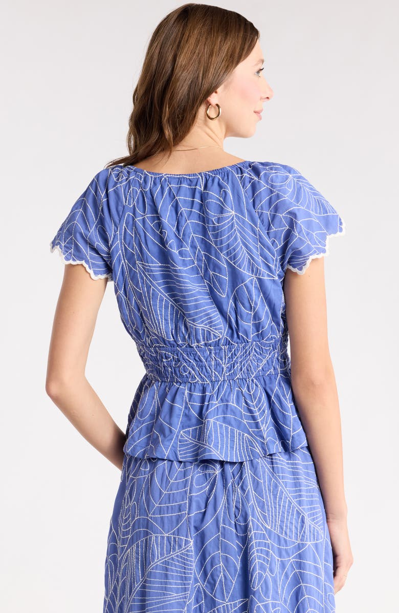 1901 Short Sleeve Smocked Waist Top, Alternate, color, Blue-White Leaf Embr