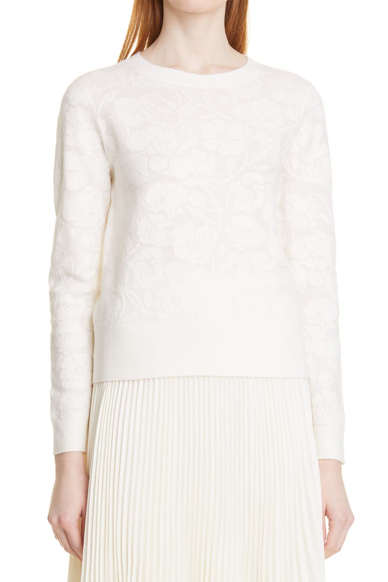 Floral Jacquard Cotton Blend Sweater, Main, color, WHITE