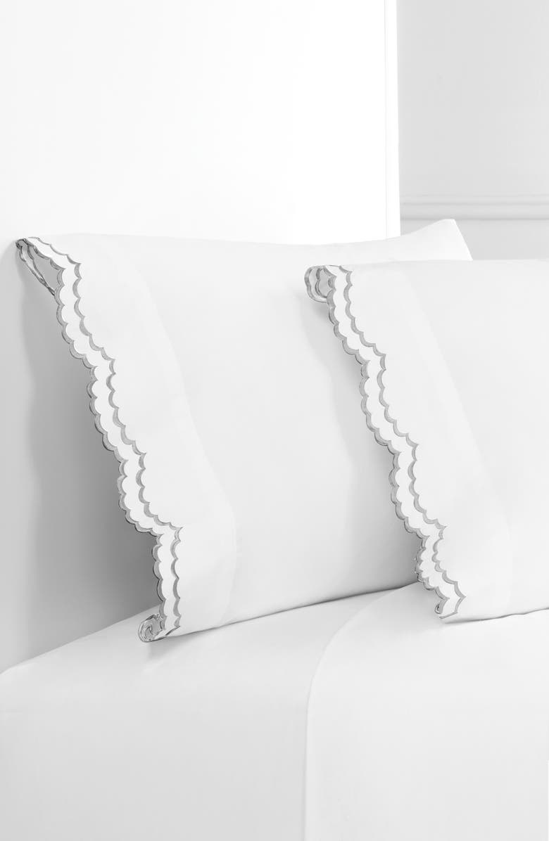 MELANGE HOME Set of 2 Double Scallop Embroidered 300 Thread Count Cotton Pillowcases, Alternate, color, Grey