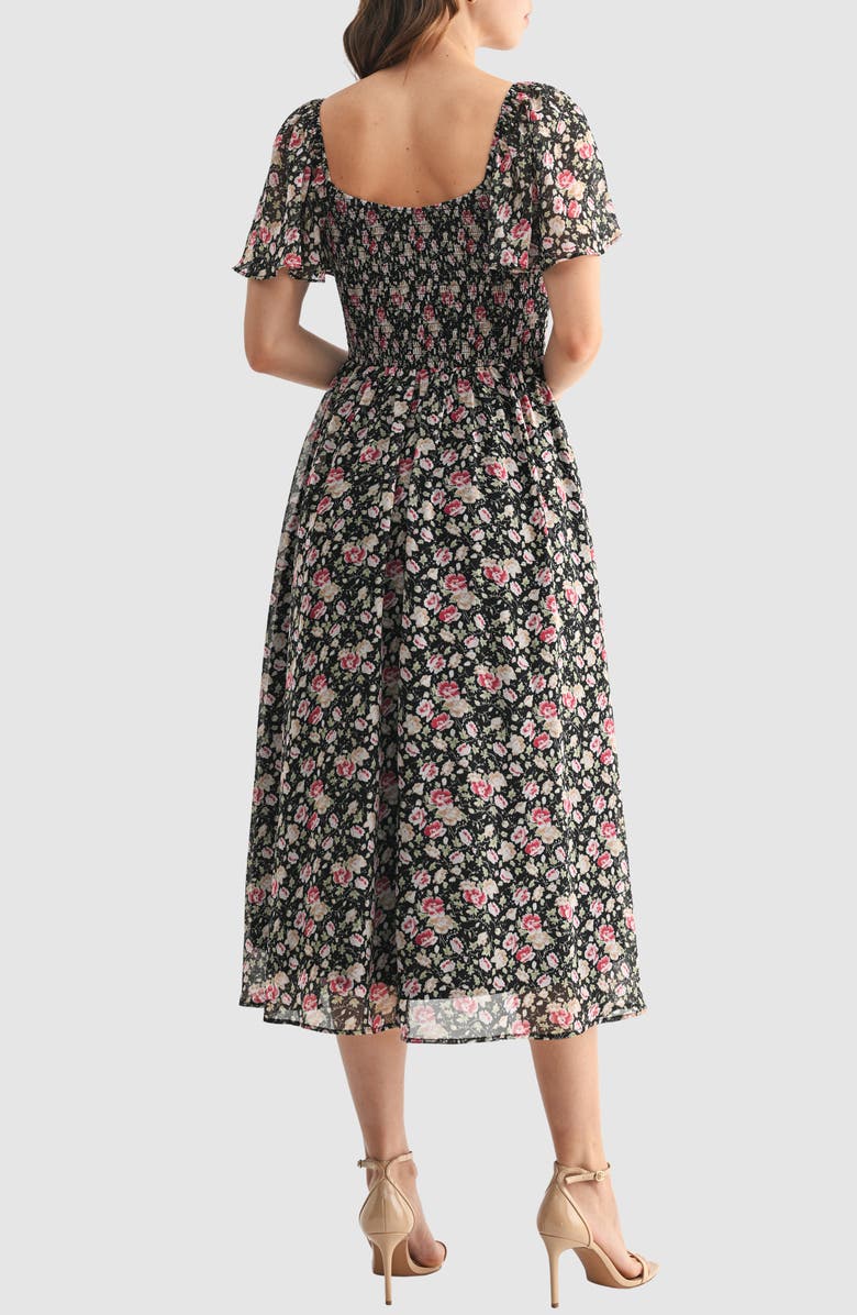 All in Favor Floral Butterfly Sleeve Midi Dress, Alternate, color, Black Pink Floral