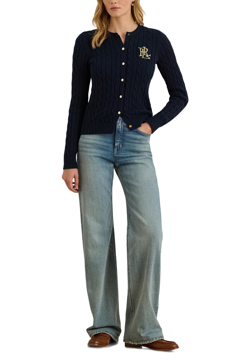 Lauren Ralph Lauren Crest Embroidered Cable Cotton Cardigan, Alternate, color, 