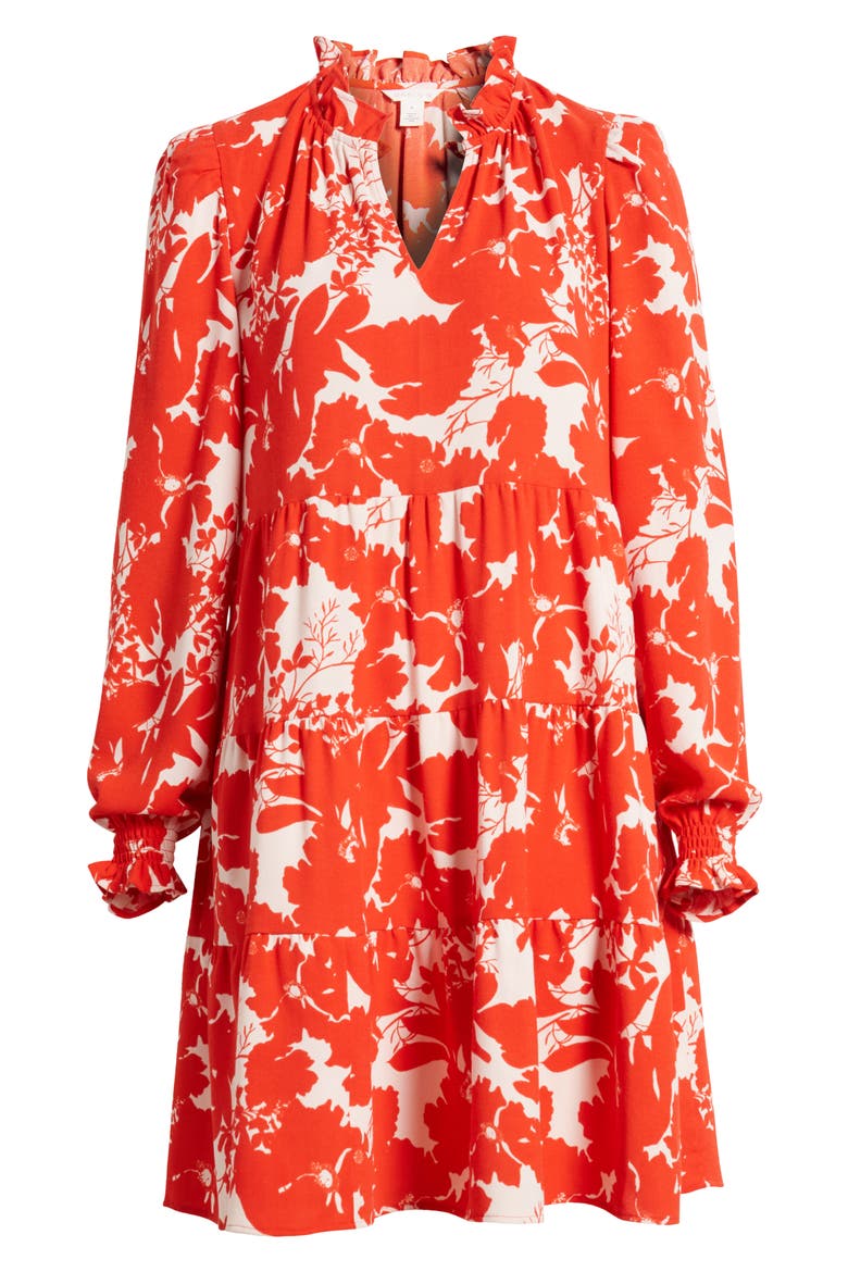 Long Sleeve Tiered Dress, Alternate, color, PINK- RED ZINNIA FLORAL