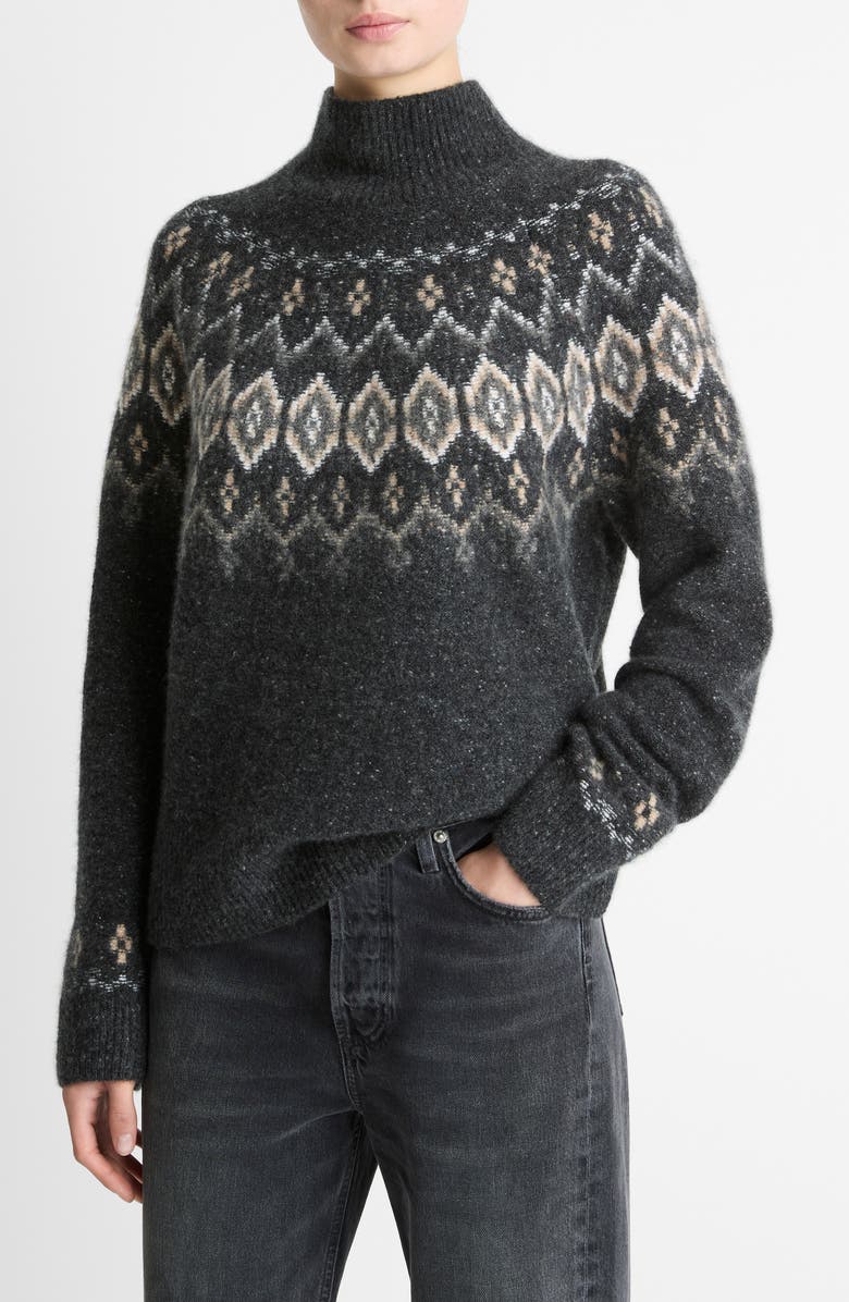 Vince Donegal Fair Isle Cashmere Mock Neck Sweater, Alternate, color, Heather Charcoal Combo