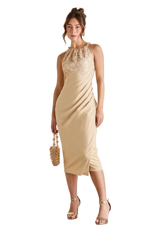 Coast Bead Detail Sequin Midi Dress in Beige 