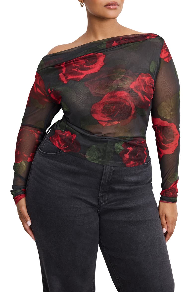 Ruched One-Shoulder Mesh Top, Alternate, color, MOODY RED ROSES001