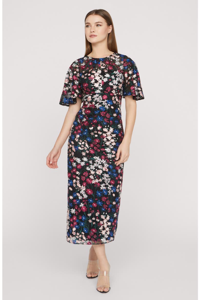 Ursala Embroidered Flutter Sleeve Gown, Alternate, color, BLACK MULTI