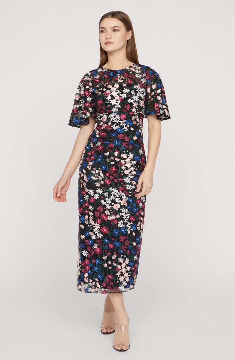 JS Collections Ursala Embroidered Flutter Sleeve Gown, Alternate, color, Black Multi