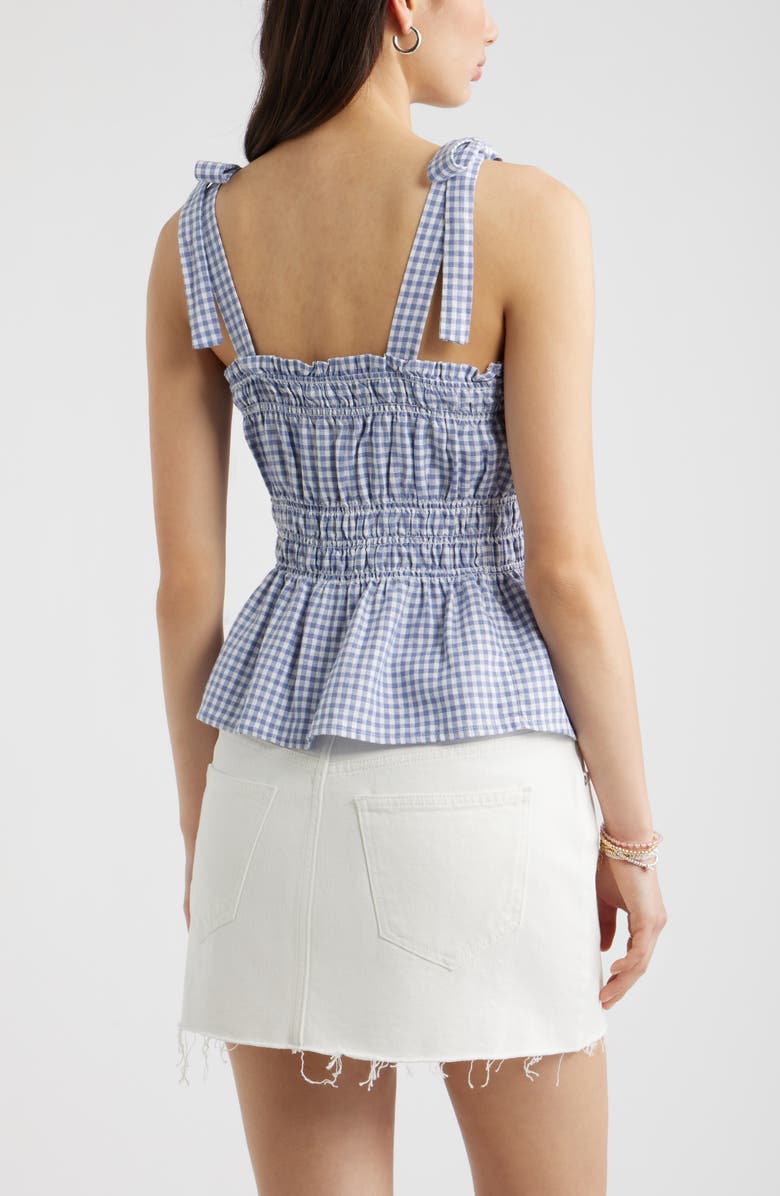 BP. Gingham Shirred Linen Blend Top, Alternate, color, Blue- White Demi Gingham