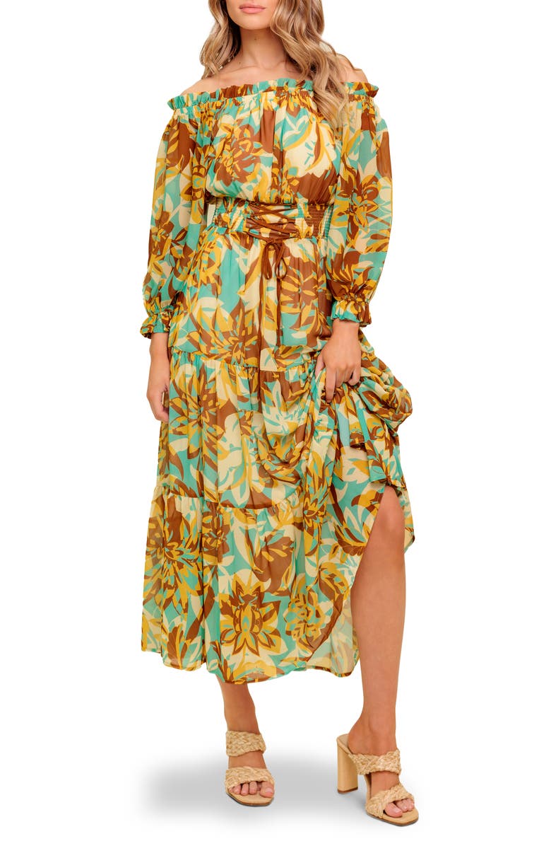 FLYING TOMATO Long Sleeve Tiered Midi Dress, Main, color, Brown Mint