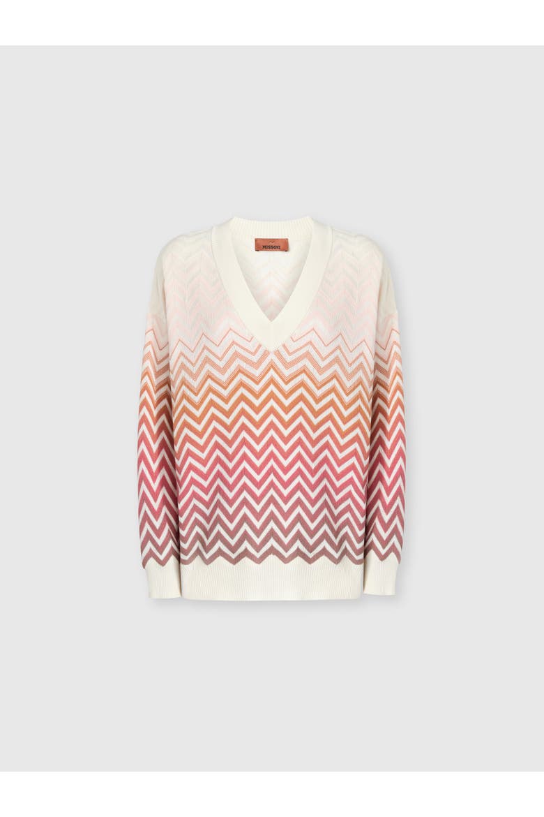 V-neck Pullover In Cotton And Viscose Chevron Dégradé, Main, color, Lilac& Rust