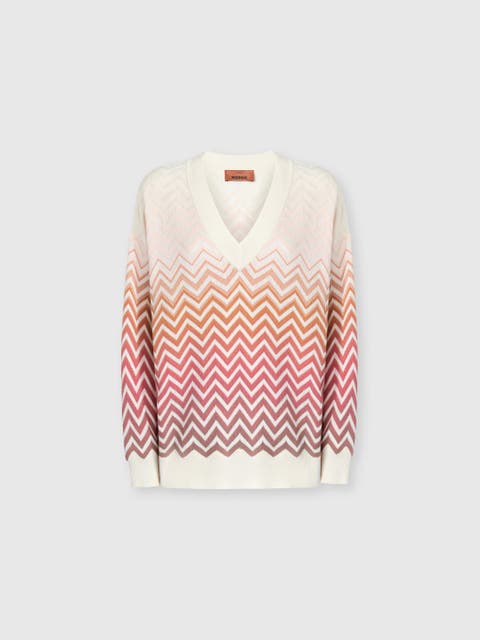 V-neck Pullover In Cotton And Viscose Chevron Dégradé