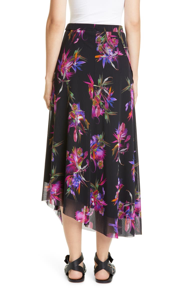 Floral Ruffle Asymmetrical Midi Skirt, Alternate, color, NERO