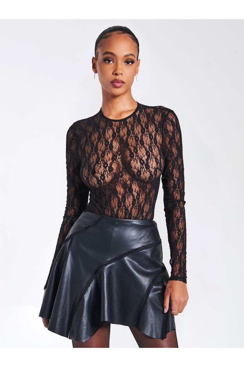 Maisie Lace Long Sleeve Bodysuit, Alternate, color, Black